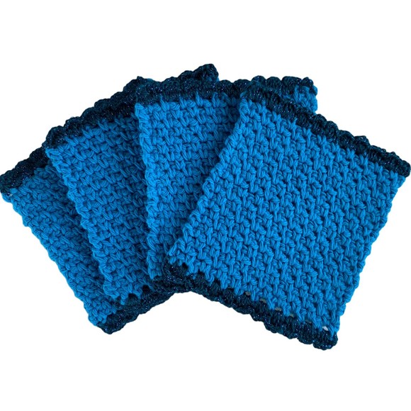 Mug Rugs Handmade Crochet Turquoise Blue Cotton Glitter Edging Set of 4 Coasters - Picture 10 of 10